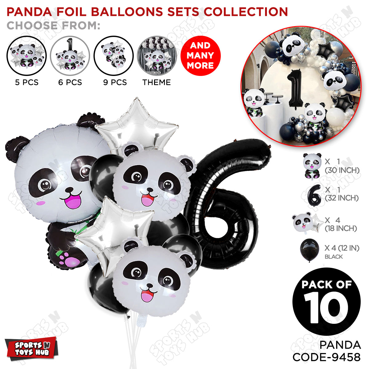 Jungle Safari Panda Pack Of 10 Foil Balloon Set
