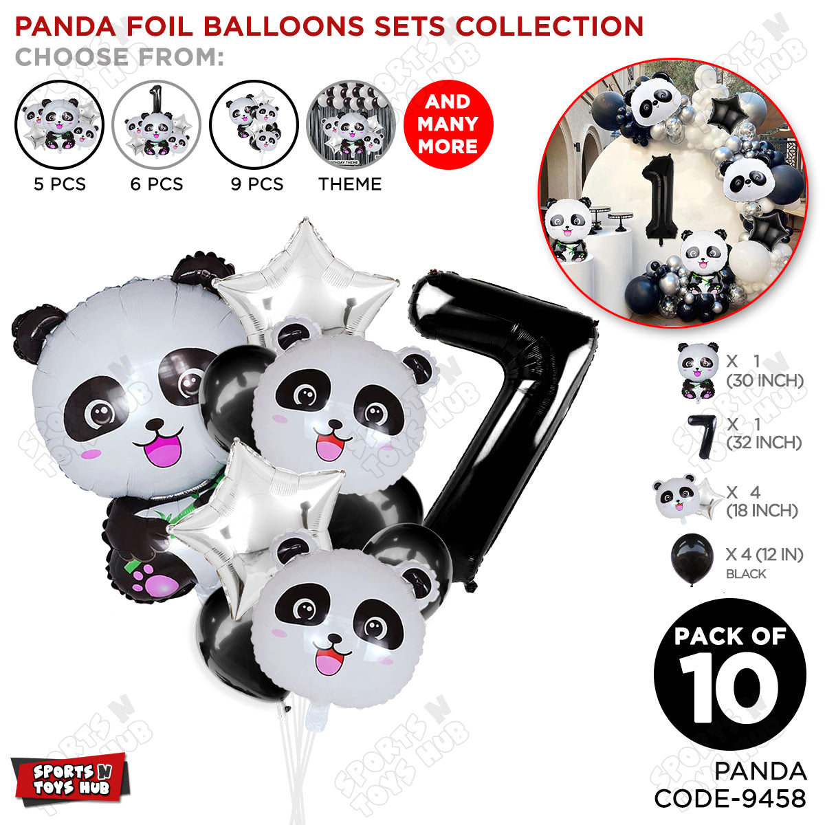 Jungle Safari Panda Pack Of 10 Foil Balloon Set