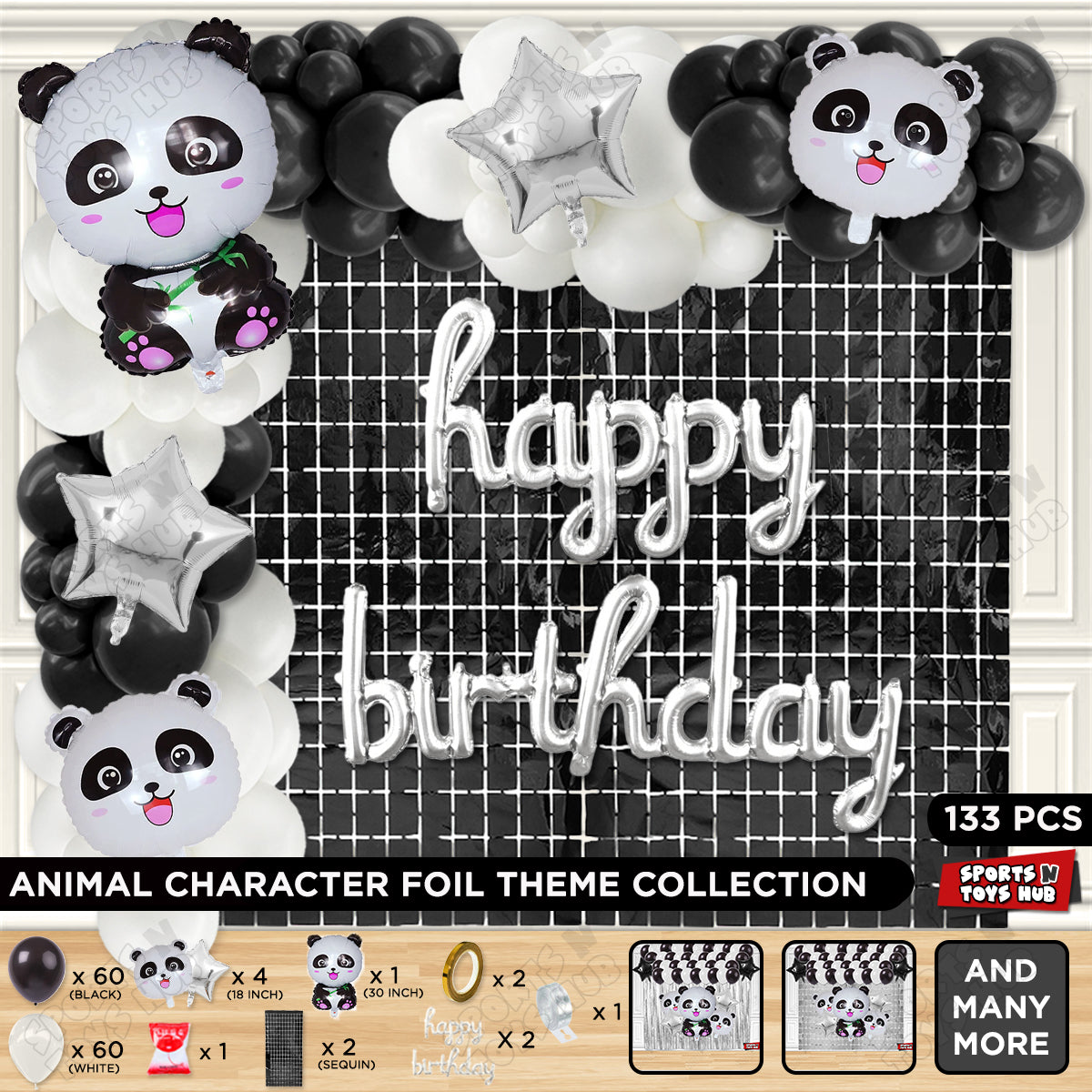 Panda Foil Balloon Set With Happy Birthday Cursive Foil Letter Arch Theme