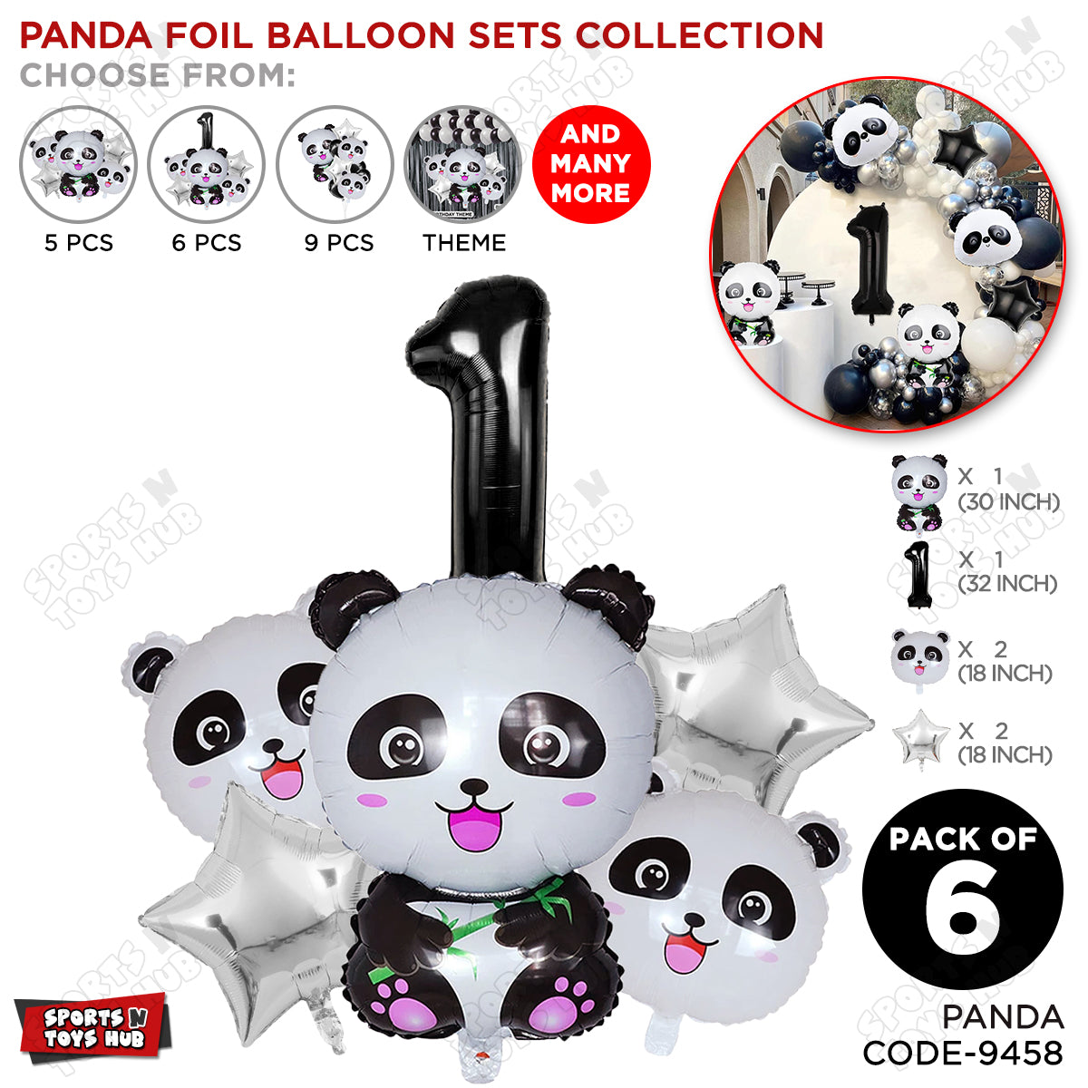 Jungle Safari Panda Pack Of 6 Foil Balloon Set