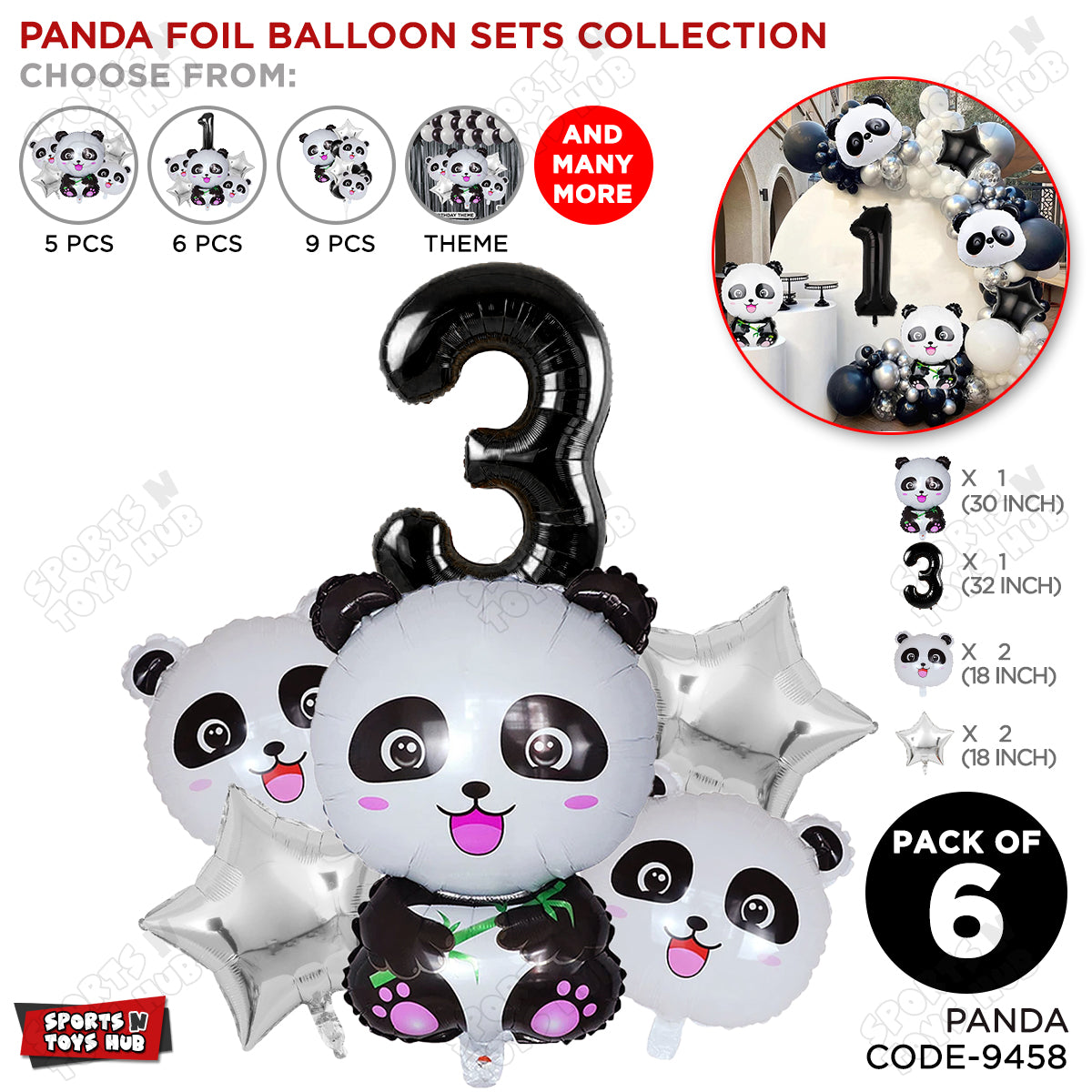 Jungle Safari Panda Pack Of 6 Foil Balloon Set