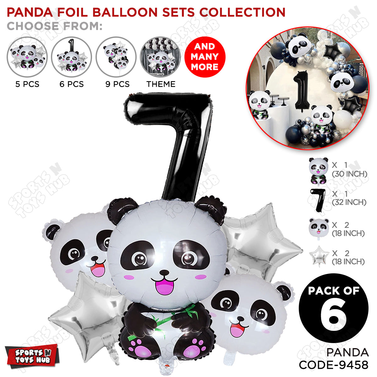 Jungle Safari Panda Pack Of 6 Foil Balloon Set