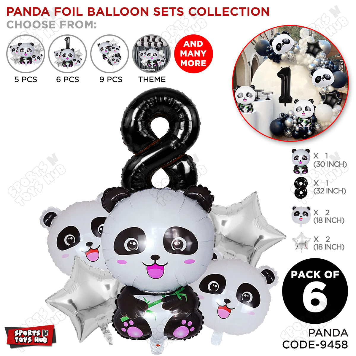 Jungle Safari Panda Pack Of 6 Foil Balloon Set