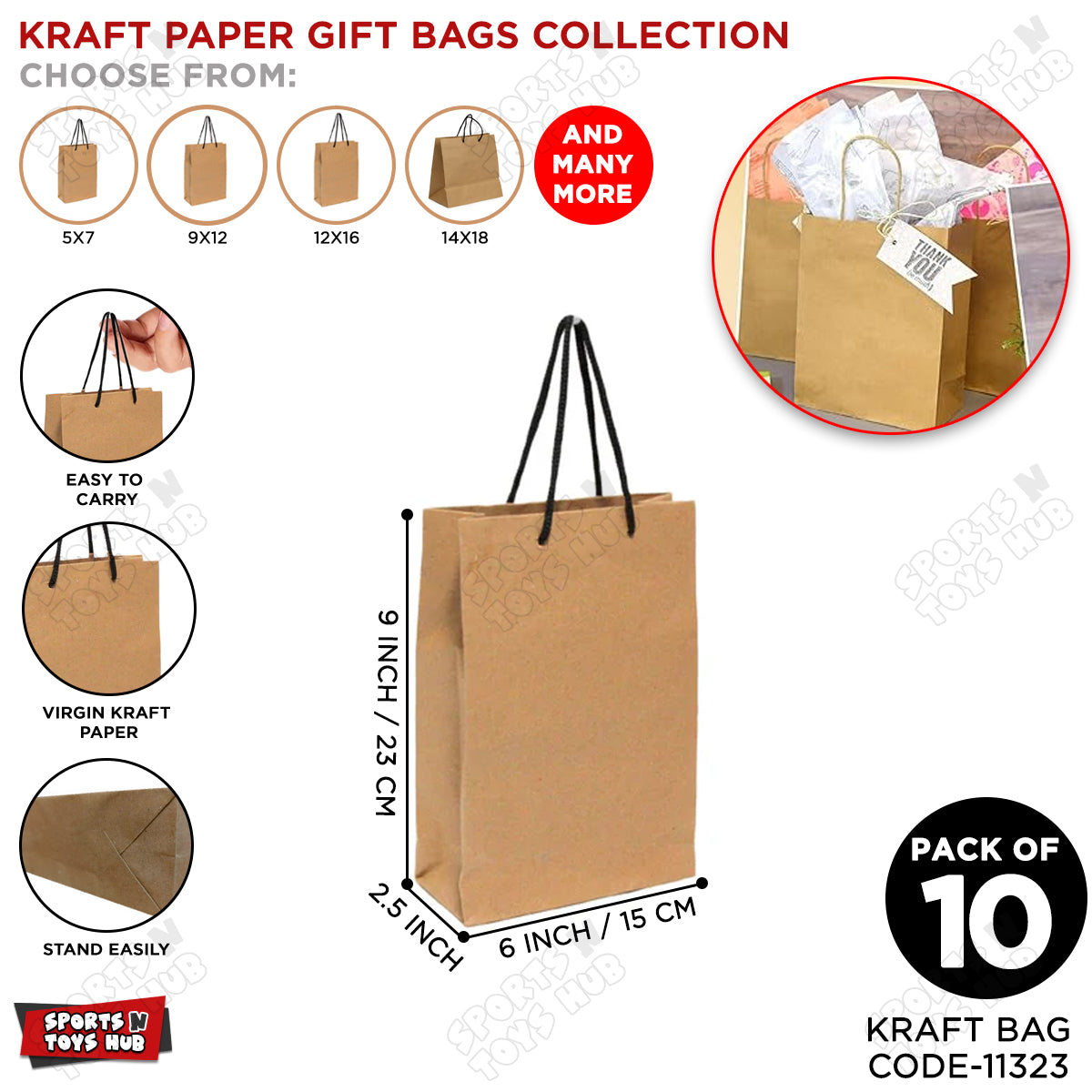 Kraft Paper Gift Bags 6x9x2.5 Inch - Pack of 10