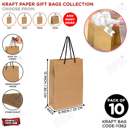 Kraft Paper Gift Bags 9x12x3 Inch - Pack of 10