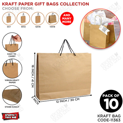 Kraft Paper Gift Bags 12x16x3 Inch - Pack of 10
