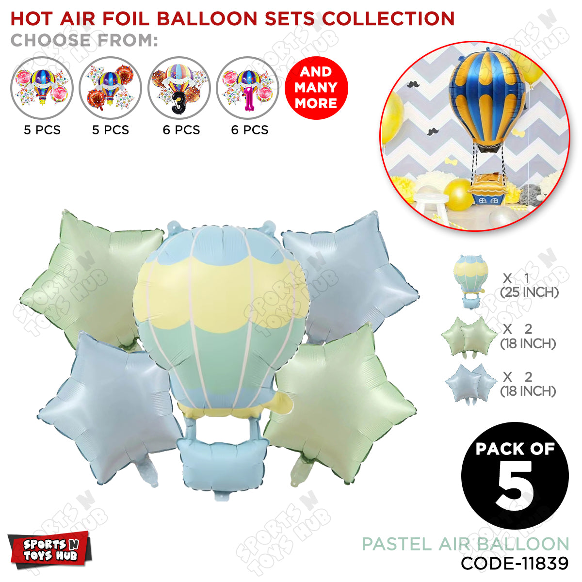 Pastel Matte Hot Air Balloon Pack Of 5 Foil Balloon Set