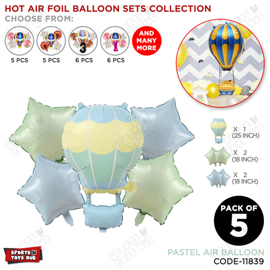 Pastel Matte Hot Air Balloon Pack Of 5 Foil Balloon Set