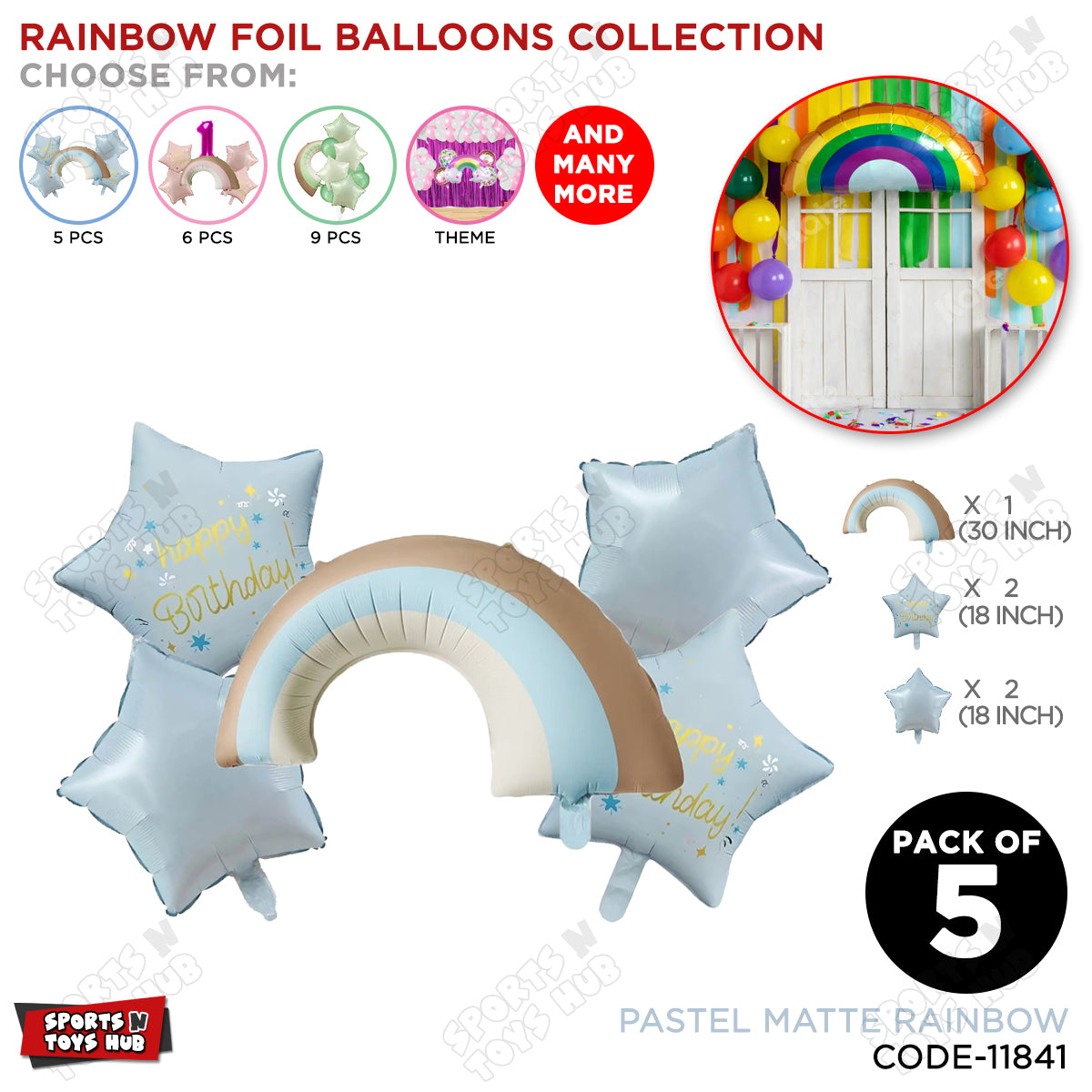 Pastel Matte Color Rainbow Pack Of 5 Foil Balloon Set