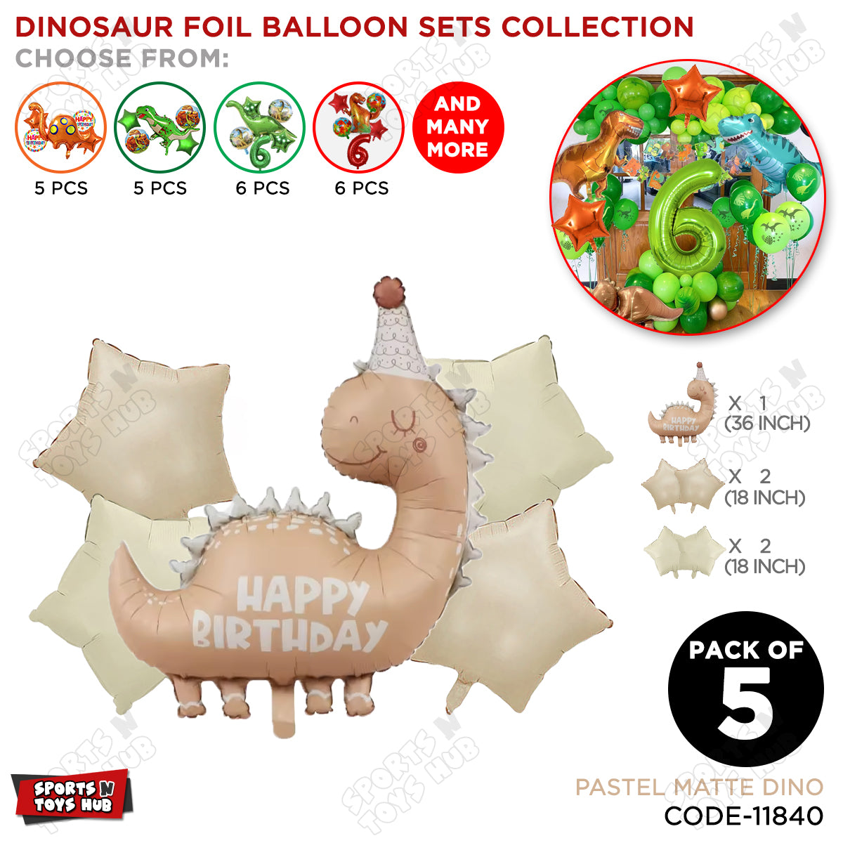 Pastel Matte Dino Pack Of 5 Foil Balloon Set