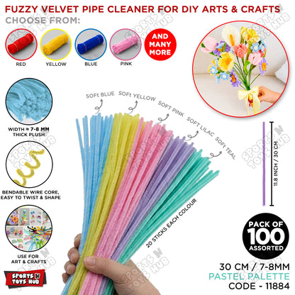 Fuzzy Pipe Cleaners Craft Stems 100 Pcs – 7-8mm Thick x 30cm Chenille Sticks for DIY Crafts, Kids Art Projects, School Activities, Handmade Flowers, Decorations & Creative Craft Supplies