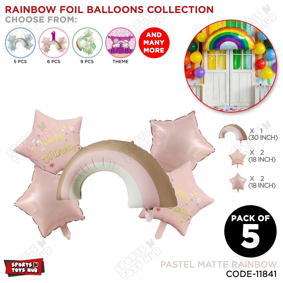 Pastel Matte Color Rainbow Pack Of 5 Foil Balloon Set