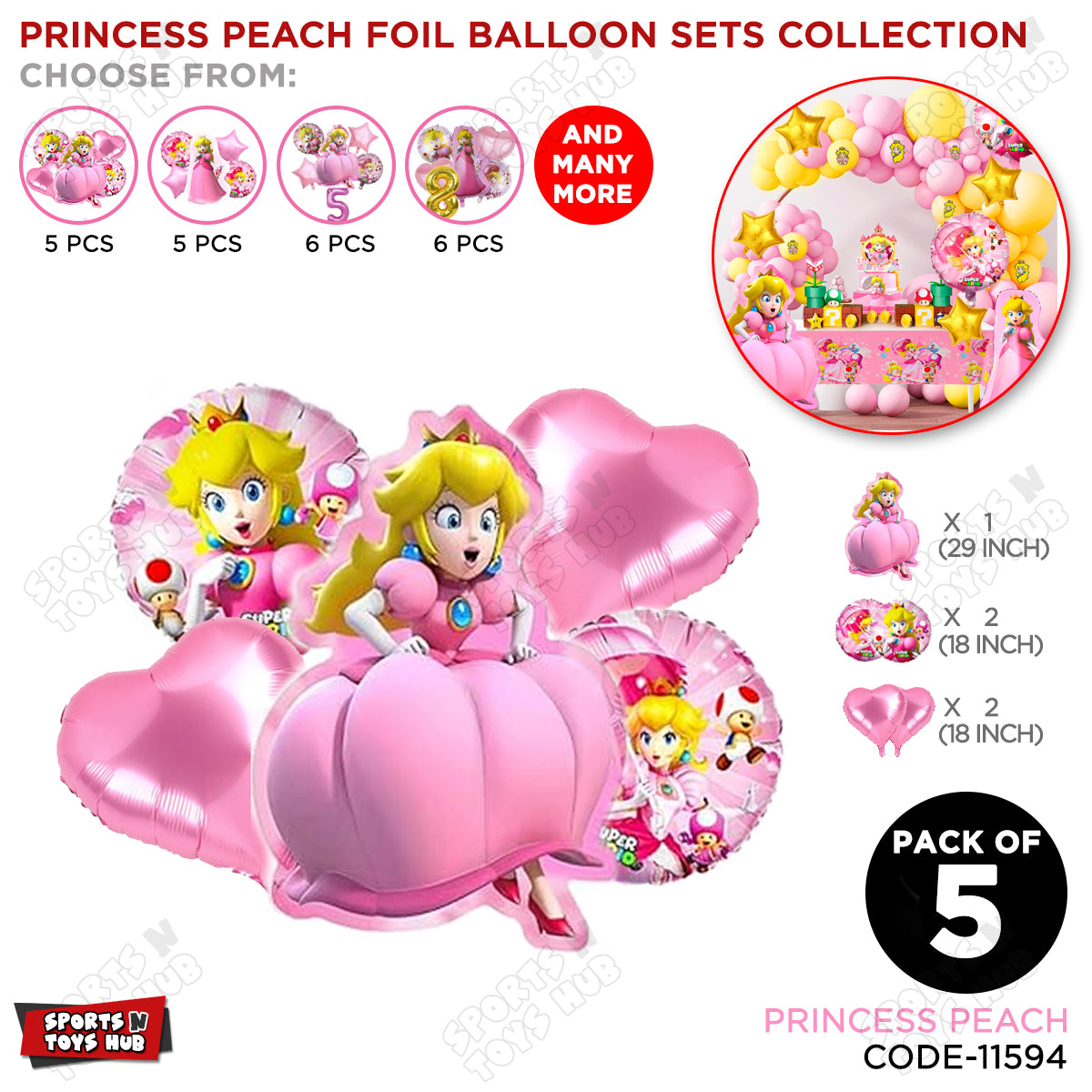 Princess Peach Pack Of 5 Foil Balloon Set