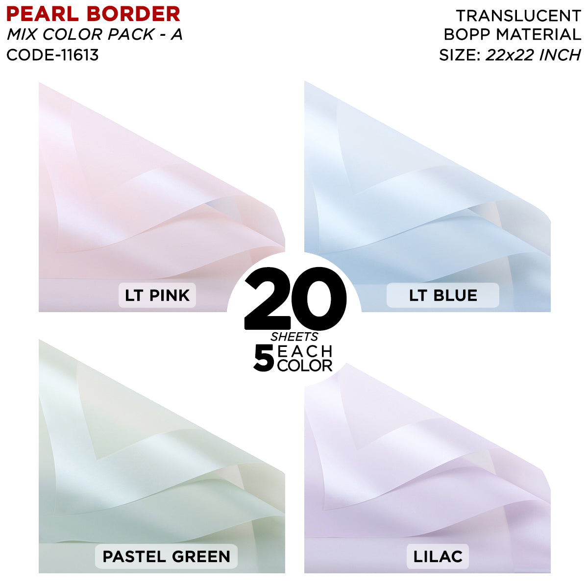 Pearl Broad Border Edge - Mix Color 20 Sheet Pack - Translucent Matte Wrapping Sheets for Flower Bouquets