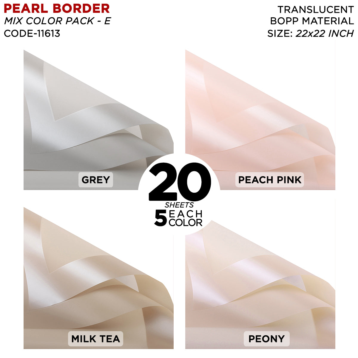 Pearl Broad Border Edge - Mix Color 20 Sheet Pack - Translucent Matte Wrapping Sheets for Flower Bouquets