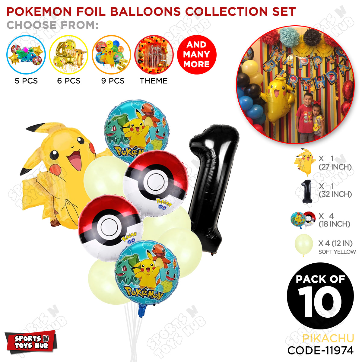 Pokemon Pika-chu Foil Balloon Set With Number Collection - Pack Of 10