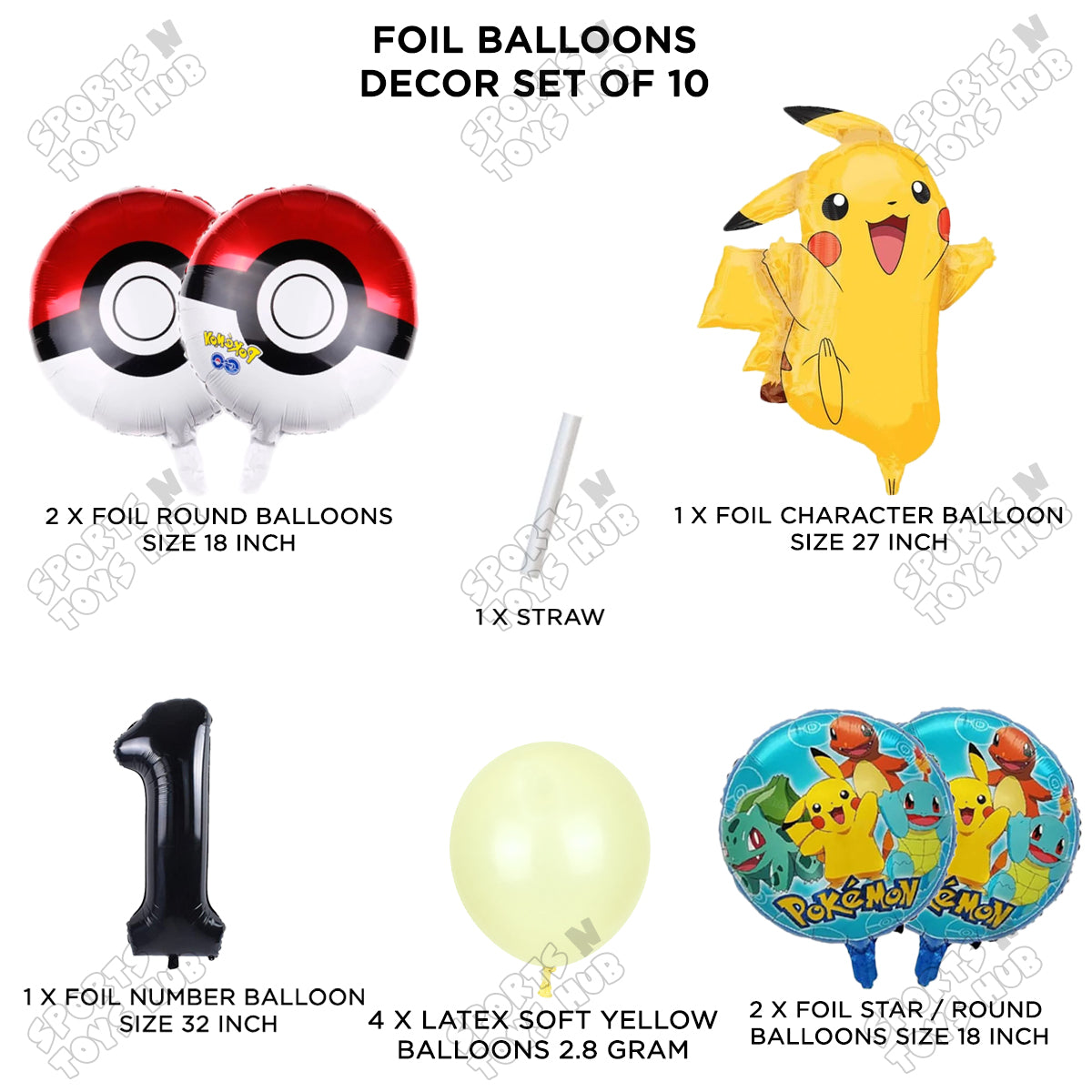 Pokemon Pika-chu Foil Balloon Set With Number Collection - Pack Of 10