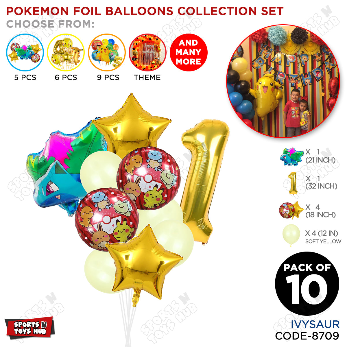 Pokemon Ivysaur Foil Balloon Set With Number Collection - Pack Of 10