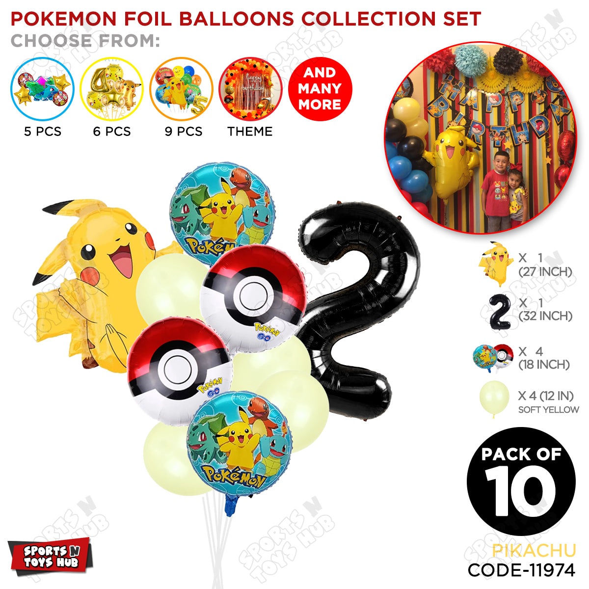 Pokemon Pika-chu Foil Balloon Set With Number Collection - Pack Of 10