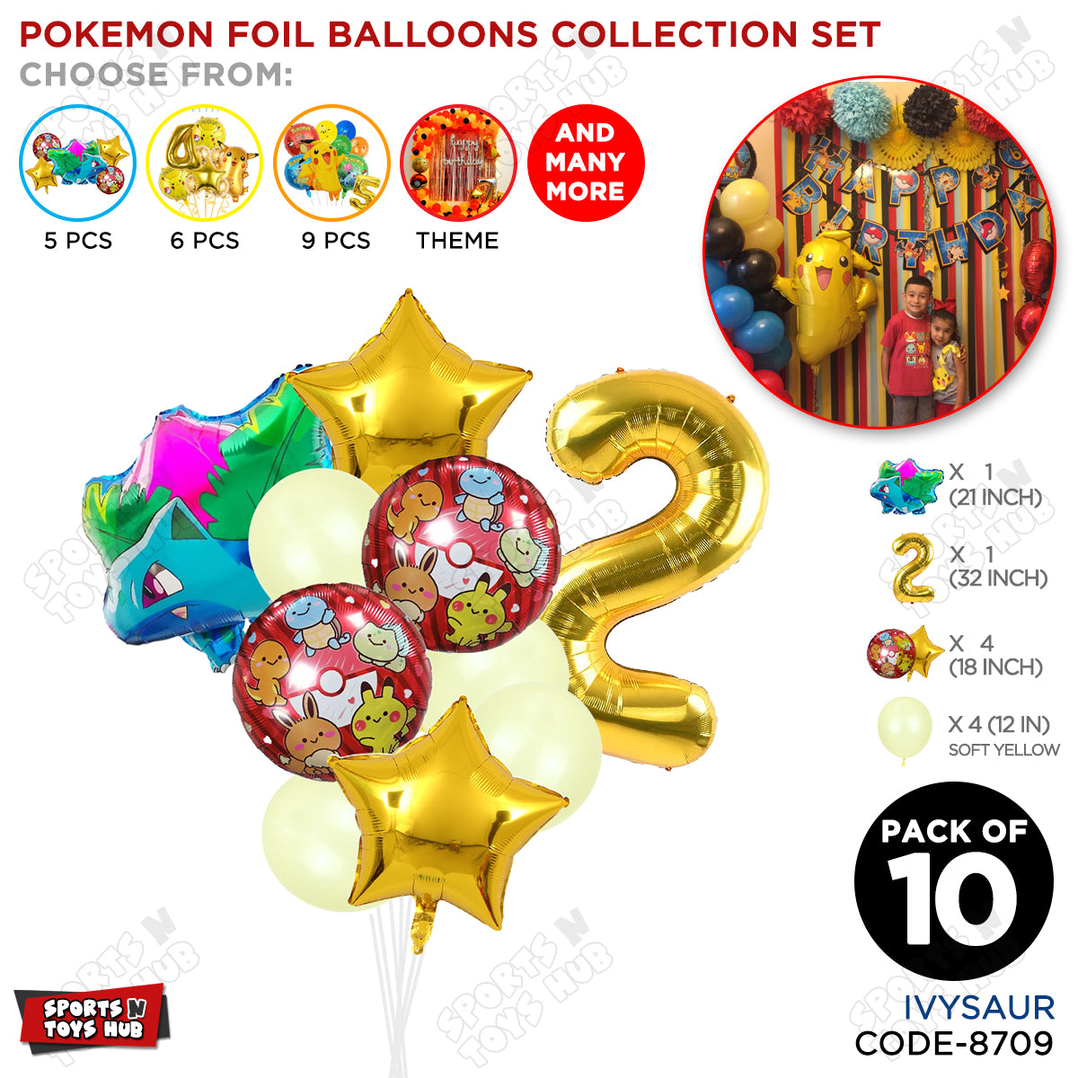 Pokemon Ivysaur Foil Balloon Set With Number Collection - Pack Of 10