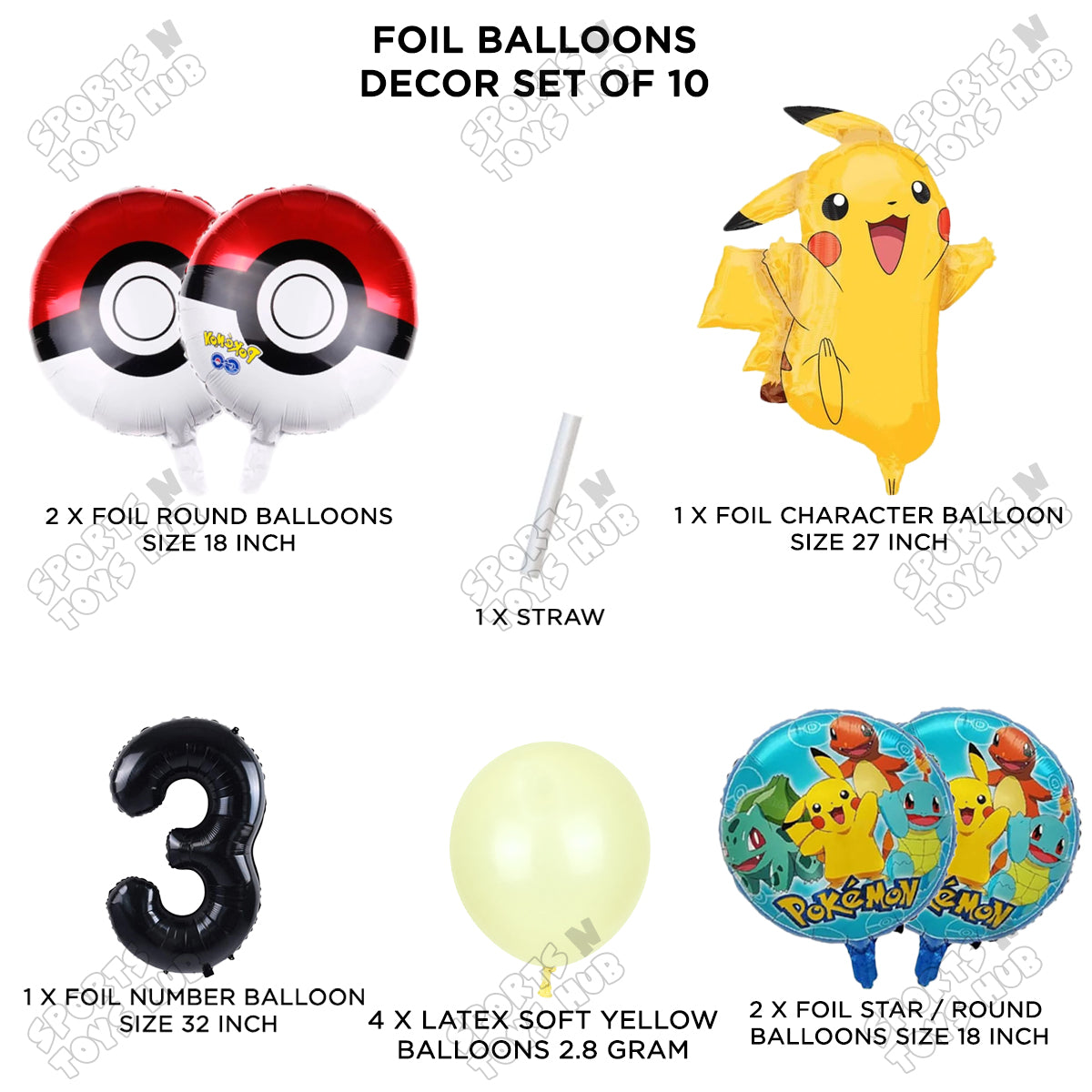 Pokemon Pika-chu Foil Balloon Set With Number Collection - Pack Of 10