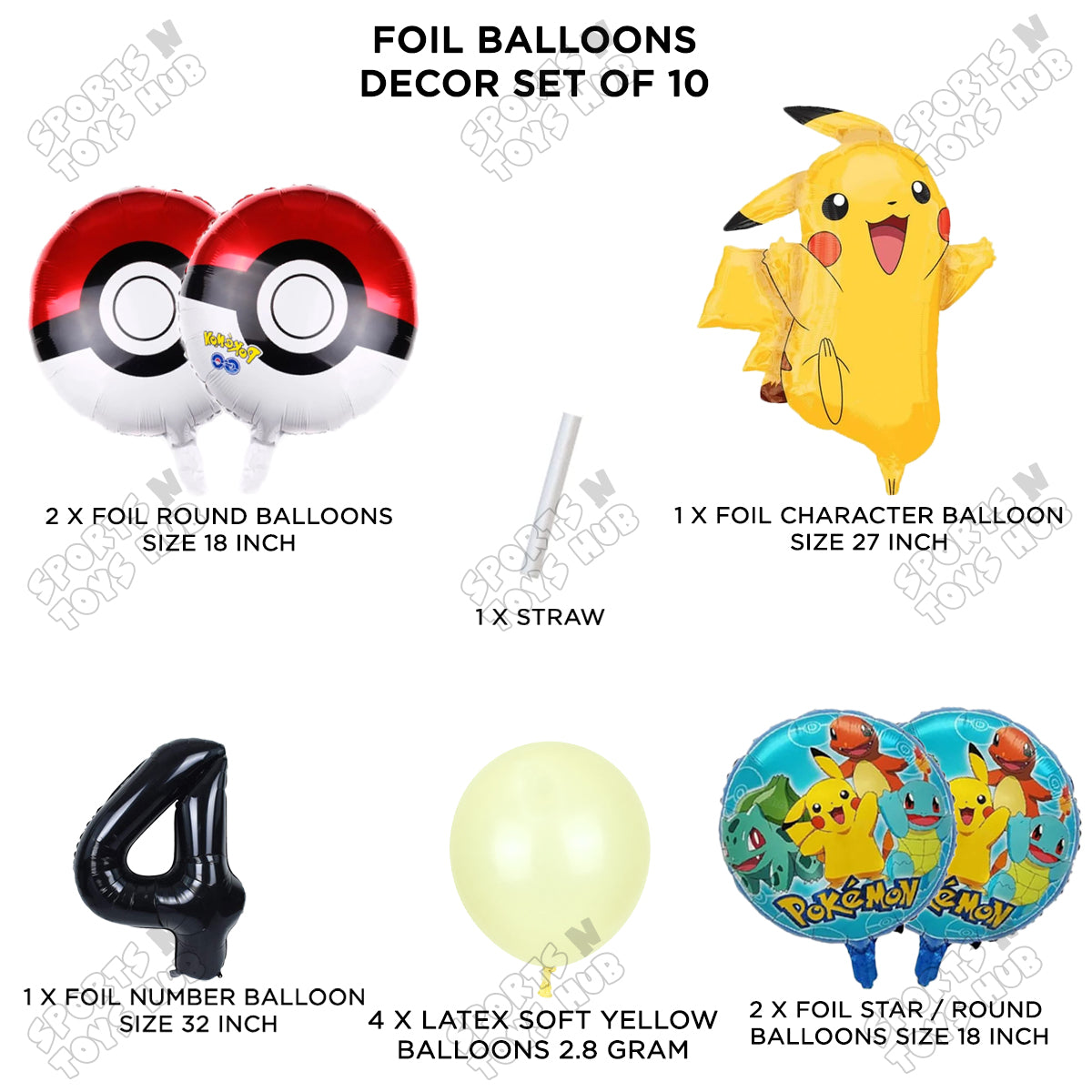 Pokemon Pika-chu Foil Balloon Set With Number Collection - Pack Of 10