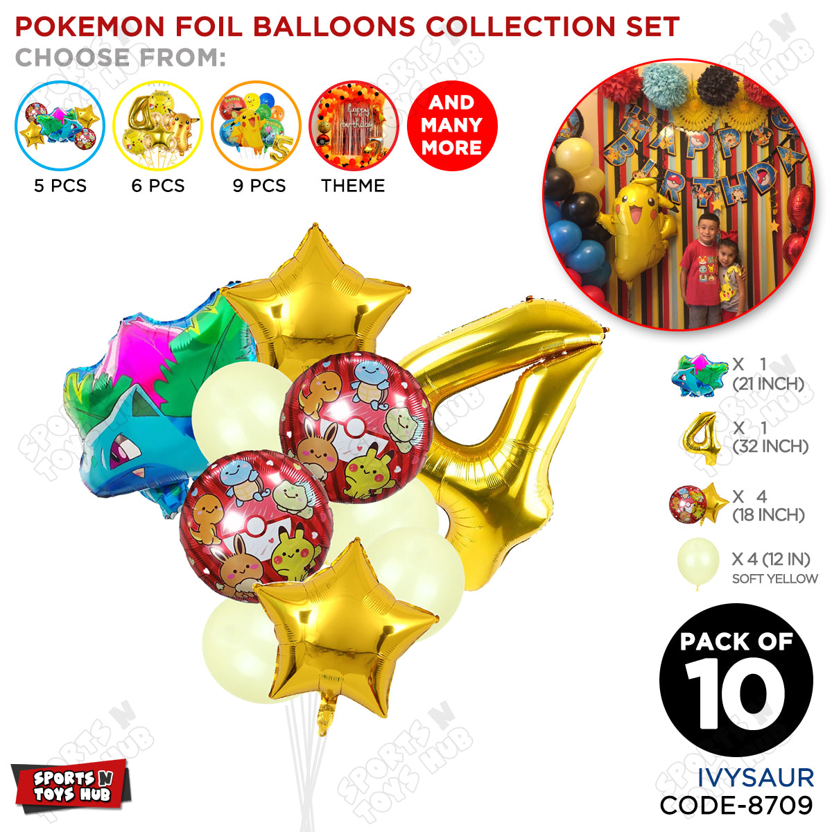 Pokemon Ivysaur Foil Balloon Set With Number Collection - Pack Of 10