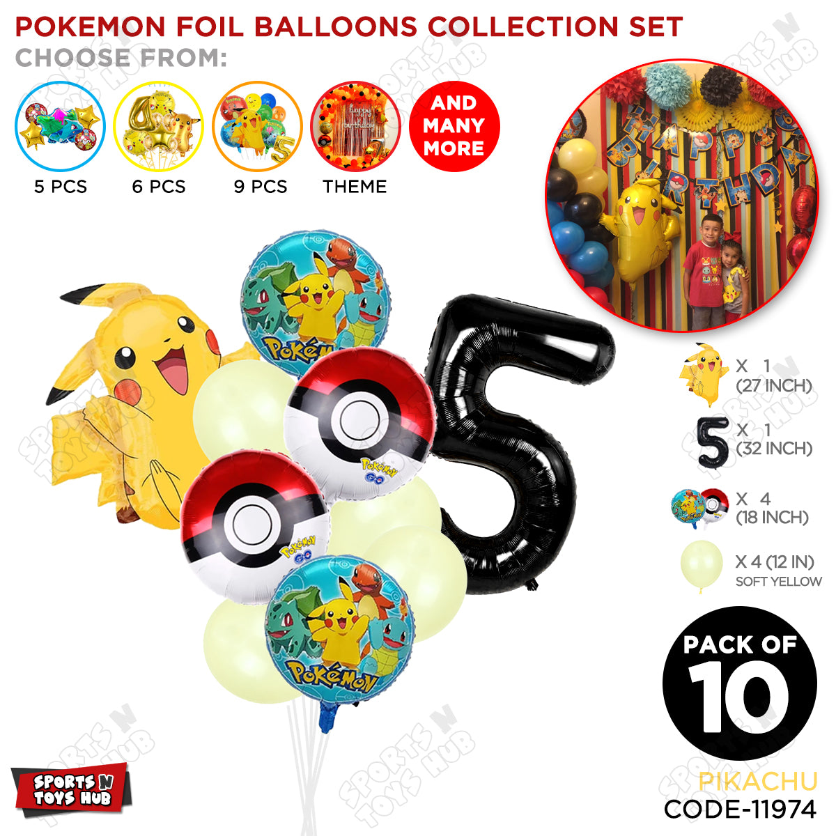 Pokemon Pika-chu Foil Balloon Set With Number Collection - Pack Of 10