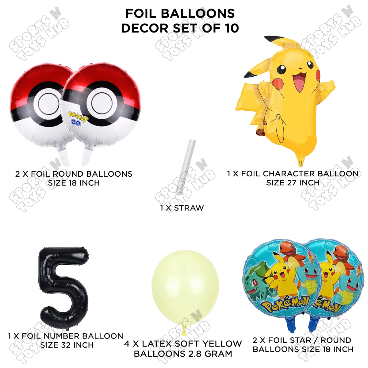 Pokemon Pika-chu Foil Balloon Set With Number Collection - Pack Of 10