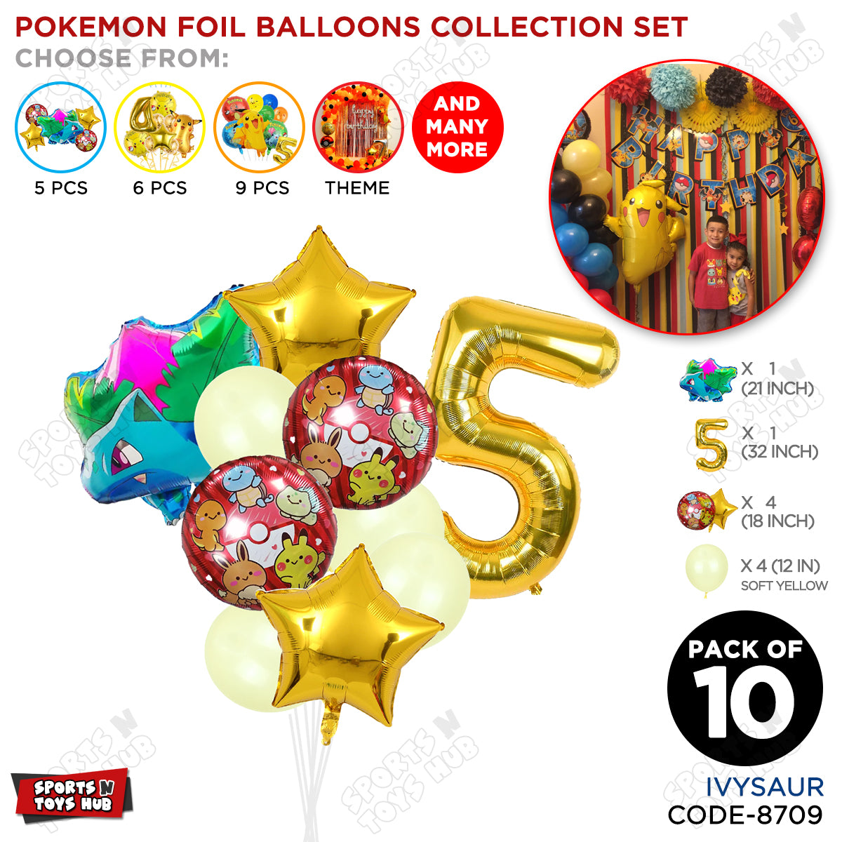 Pokemon Ivysaur Foil Balloon Set With Number Collection - Pack Of 10