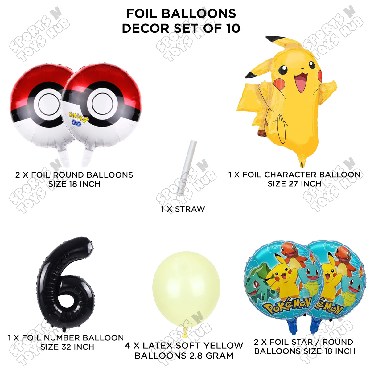 Pokemon Pika-chu Foil Balloon Set With Number Collection - Pack Of 10