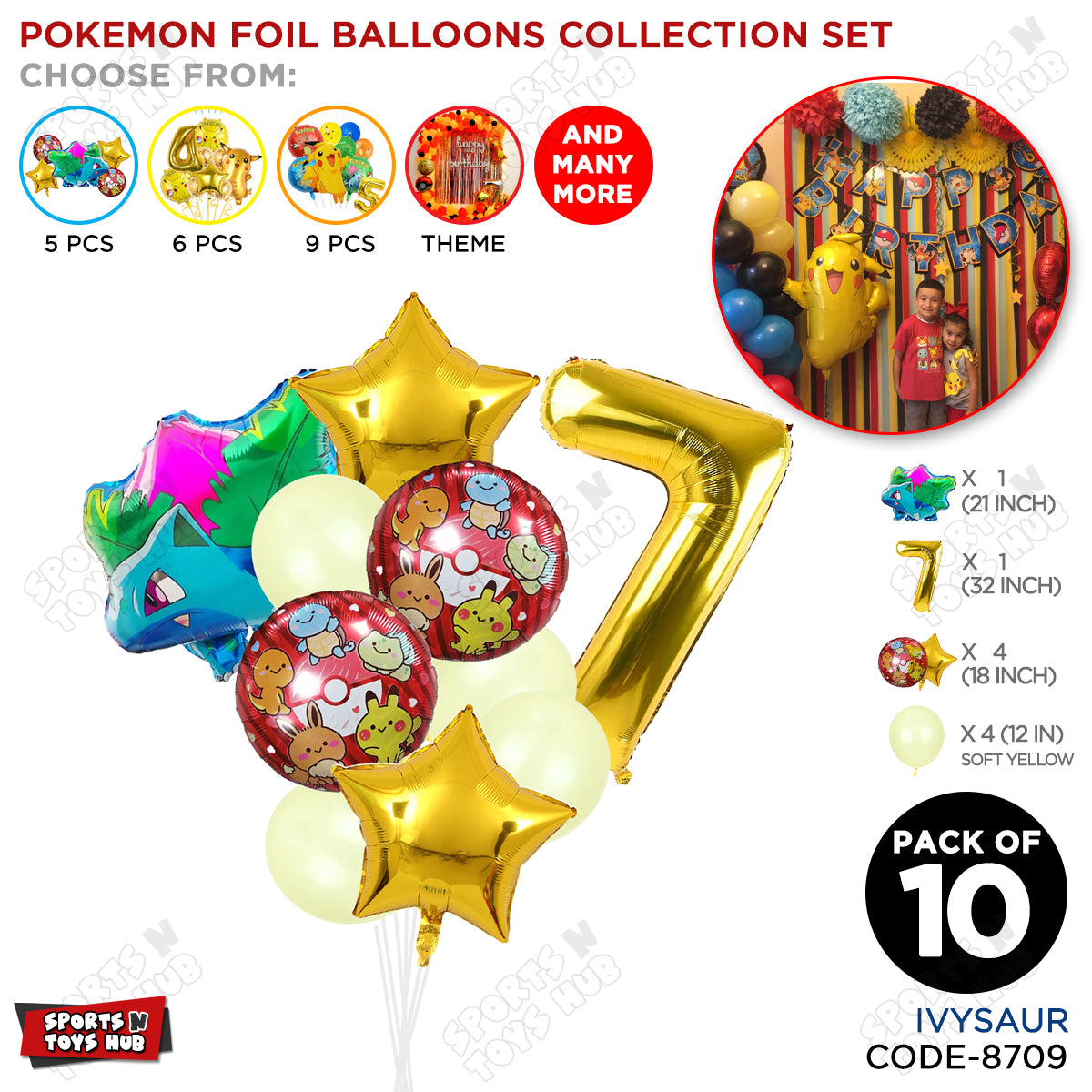 Pokemon Ivysaur Foil Balloon Set With Number Collection - Pack Of 10