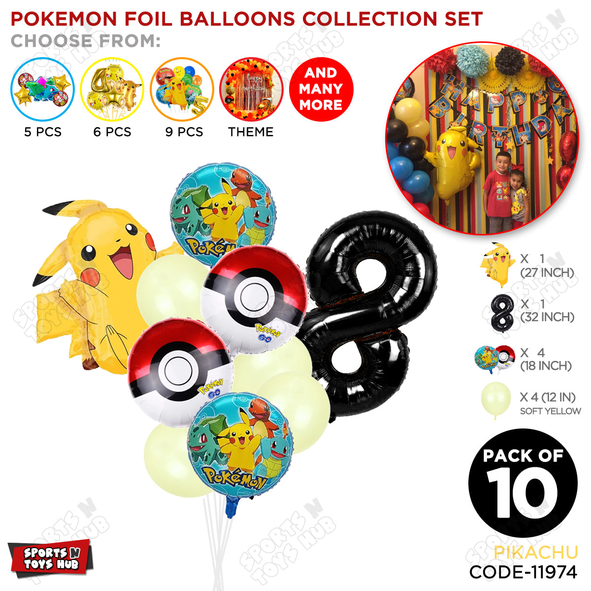 Pokemon Pika-chu Foil Balloon Set With Number Collection - Pack Of 10