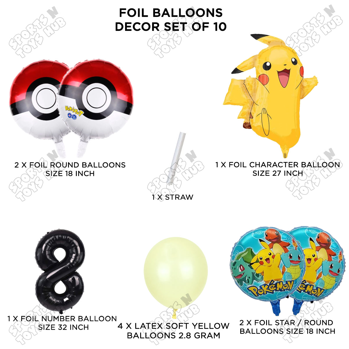 Pokemon Pika-chu Foil Balloon Set With Number Collection - Pack Of 10