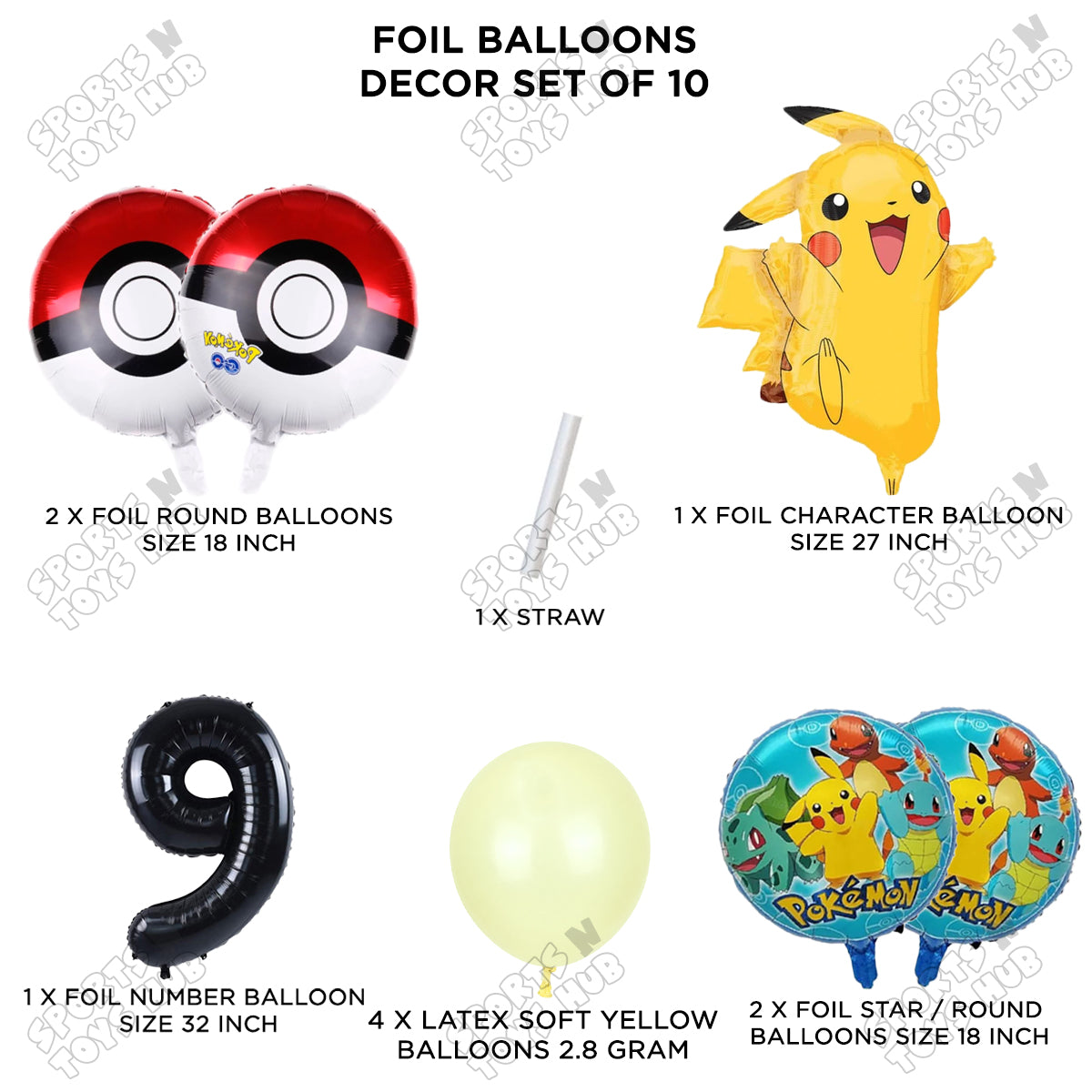 Pokemon Pika-chu Foil Balloon Set With Number Collection - Pack Of 10