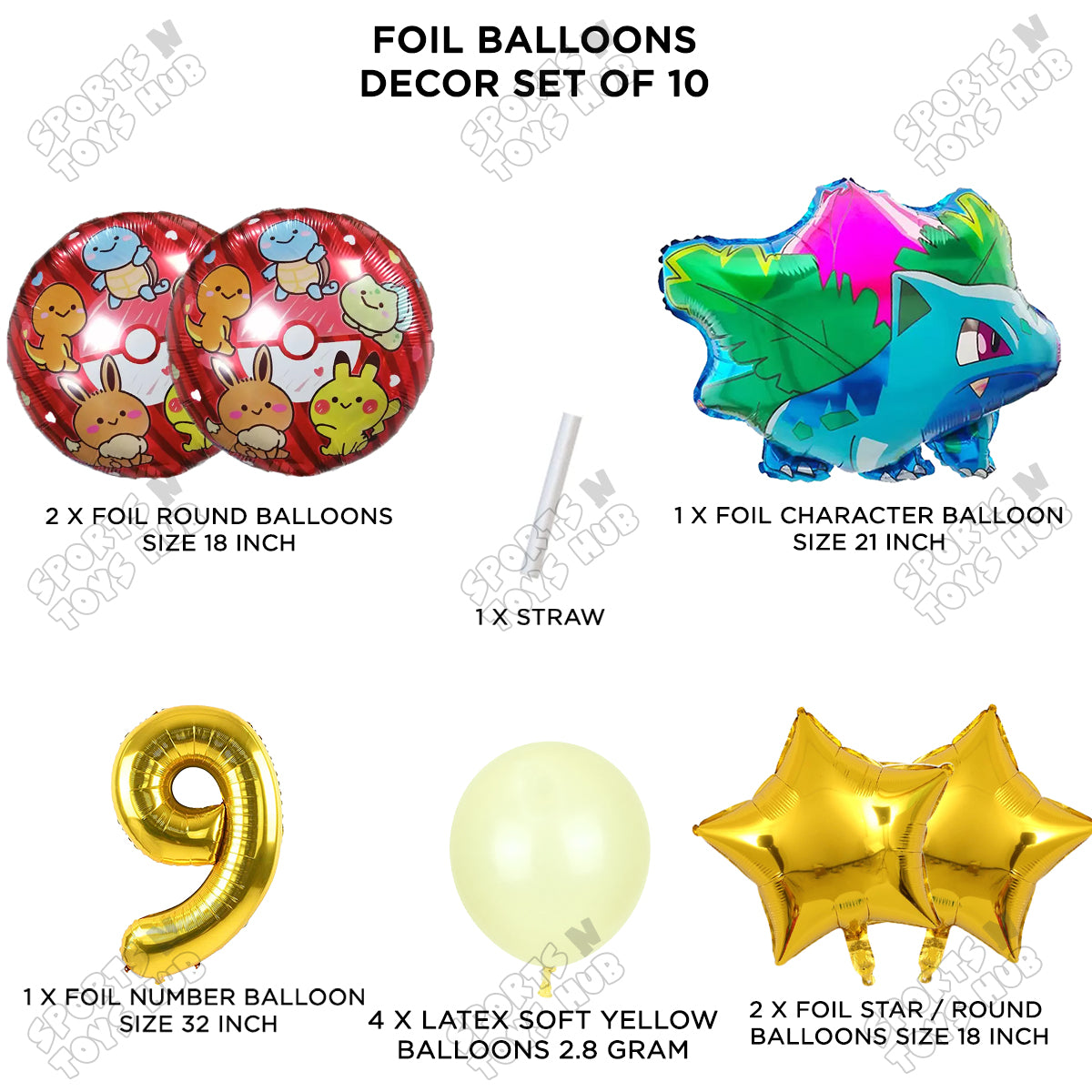 Pokemon Ivysaur Foil Balloon Set With Number Collection - Pack Of 10