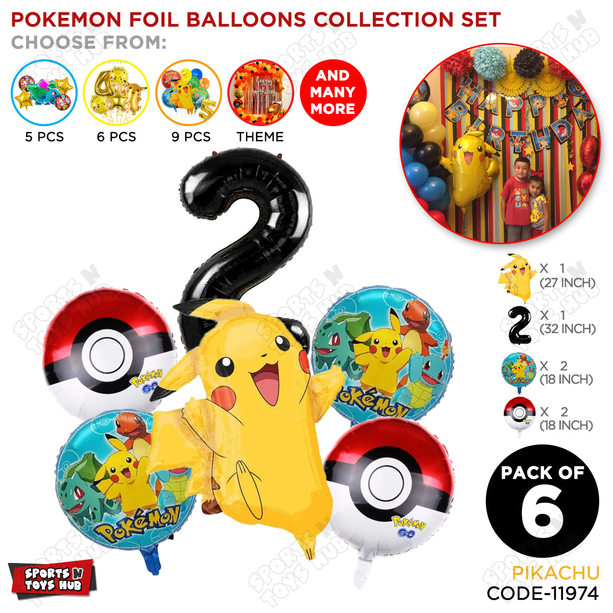 Pokemon Pika-chu Foil Balloon Set With Number Collection - Pack Of 6