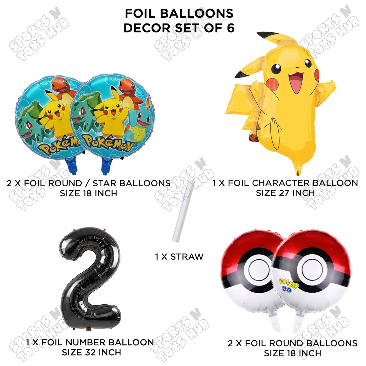 Pokemon Pika-chu Foil Balloon Set With Number Collection - Pack Of 6