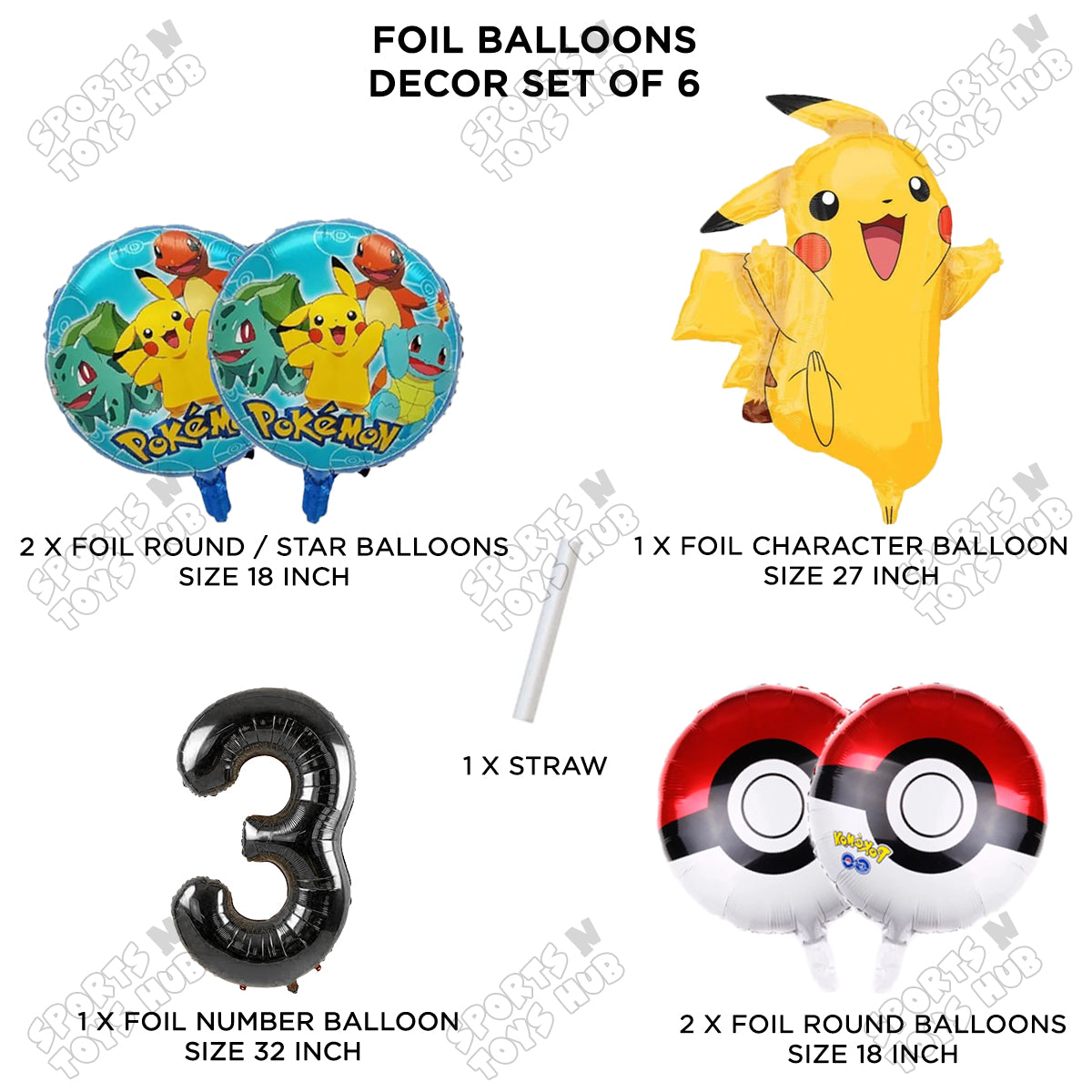 Pokemon Pika-chu Foil Balloon Set With Number Collection - Pack Of 6