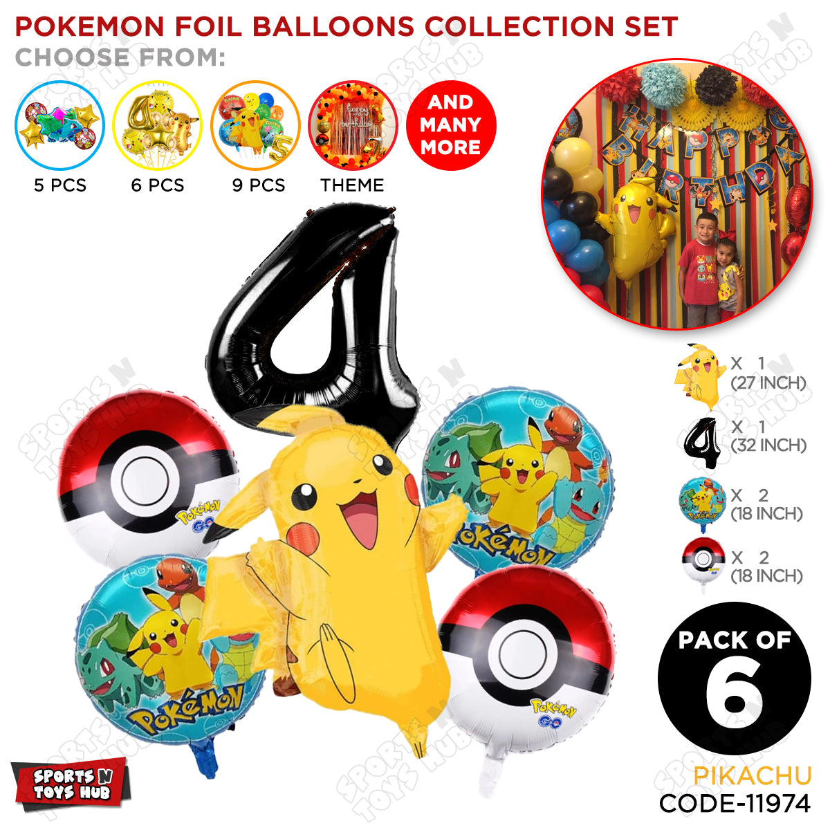 Pokemon Pika-chu Foil Balloon Set With Number Collection - Pack Of 6