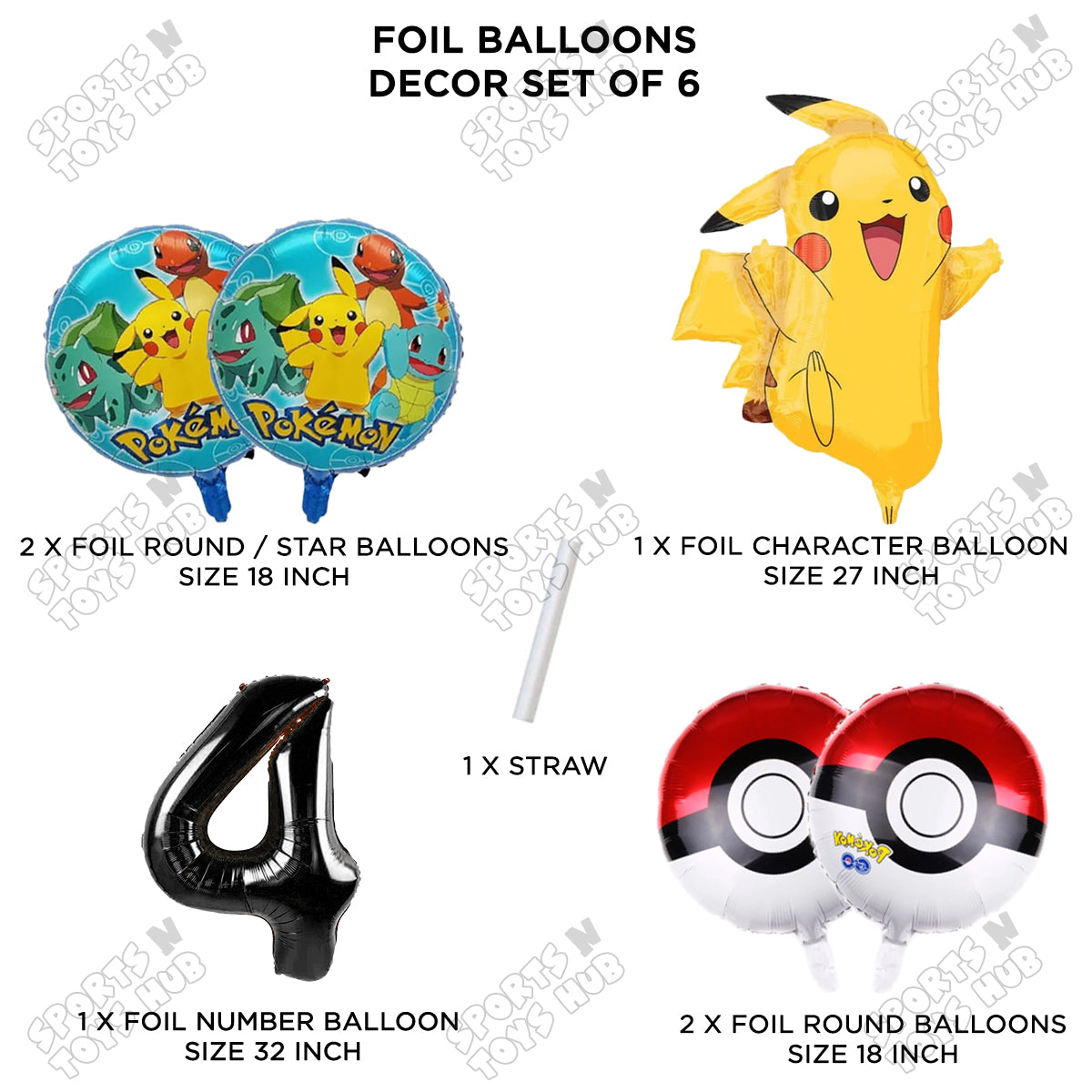 Pokemon Pika-chu Foil Balloon Set With Number Collection - Pack Of 6