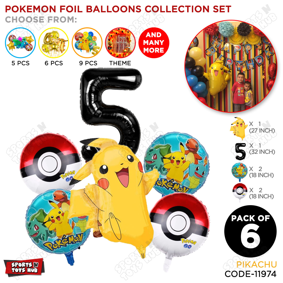 Pokemon Pika-chu Foil Balloon Set With Number Collection - Pack Of 6