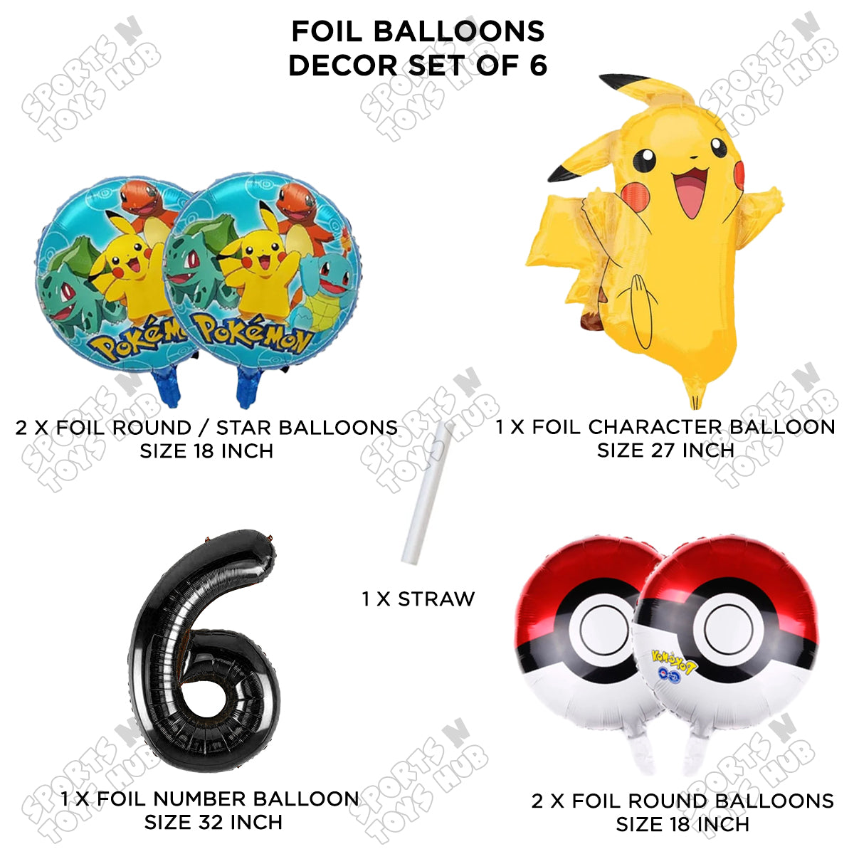 Pokemon Pika-chu Foil Balloon Set With Number Collection - Pack Of 6