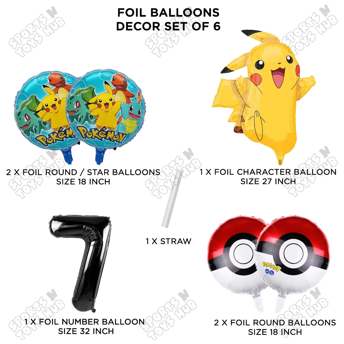 Pokemon Pika-chu Foil Balloon Set With Number Collection - Pack Of 6
