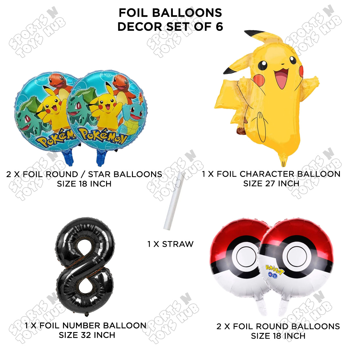 Pokemon Pika-chu Foil Balloon Set With Number Collection - Pack Of 6