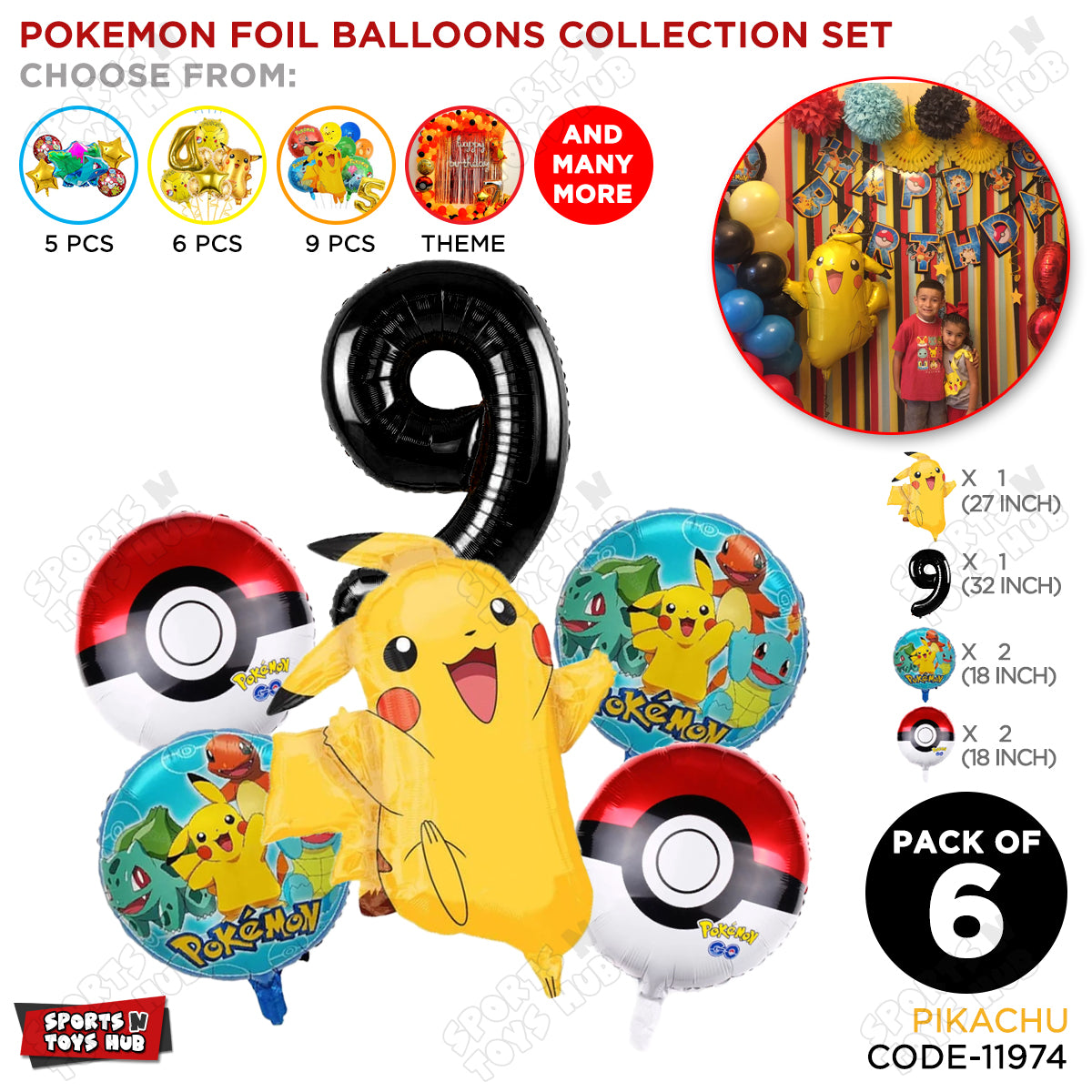 Pokemon Pika-chu Foil Balloon Set With Number Collection - Pack Of 6