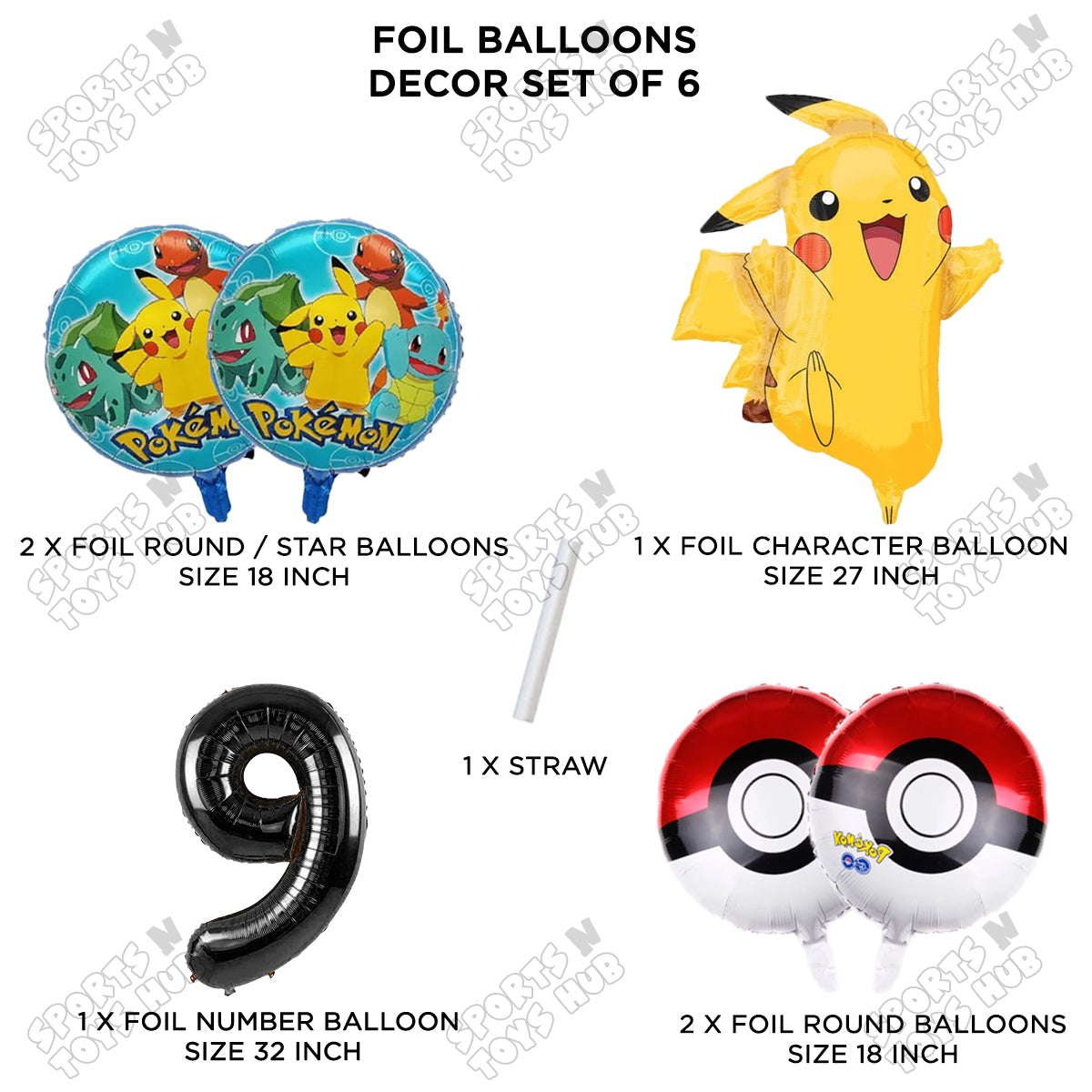 Pokemon Pika-chu Foil Balloon Set With Number Collection - Pack Of 6