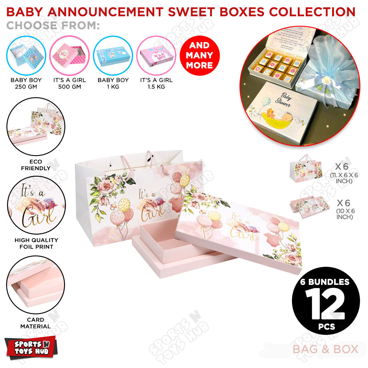 Its A Girl Printed Paper Bags & Box - Pack of 12
