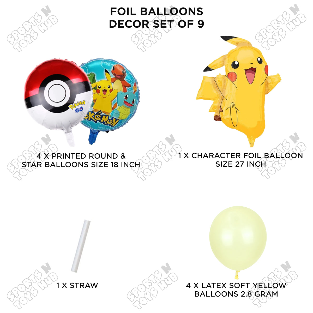 Pokemon Pika-chu Foil Balloon Set – Pack of 9, Cartoon Character Balloons for Kids Birthday Party