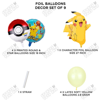 Pokemon Pika-chu Foil Balloon Set – Pack of 9, Cartoon Character Balloons for Kids Birthday Party